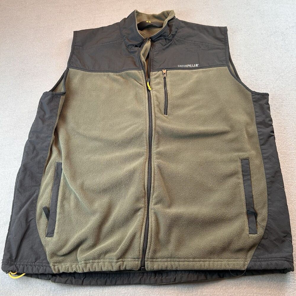 Caterpillar Vest Mens 2XL Full Zip Mock Neck Fleece Green Black  - Pockets CAT